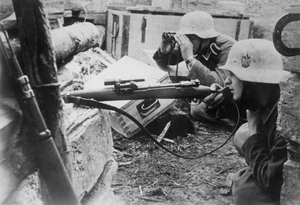 A German Sniper team, 1943, Lake Ladoga, Leningrad. 